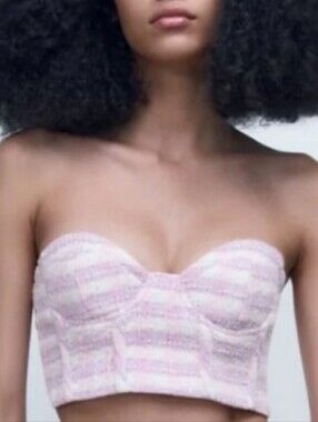 ZARA Striped Purple Pink Tweed Bustier Crop Top Size Medium New